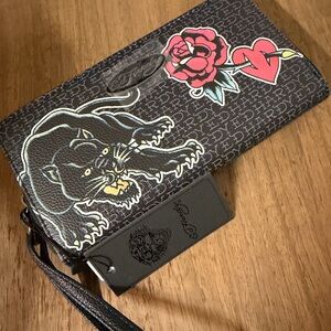 Ed Hardy Black Wallet with Panther and Rose Motif